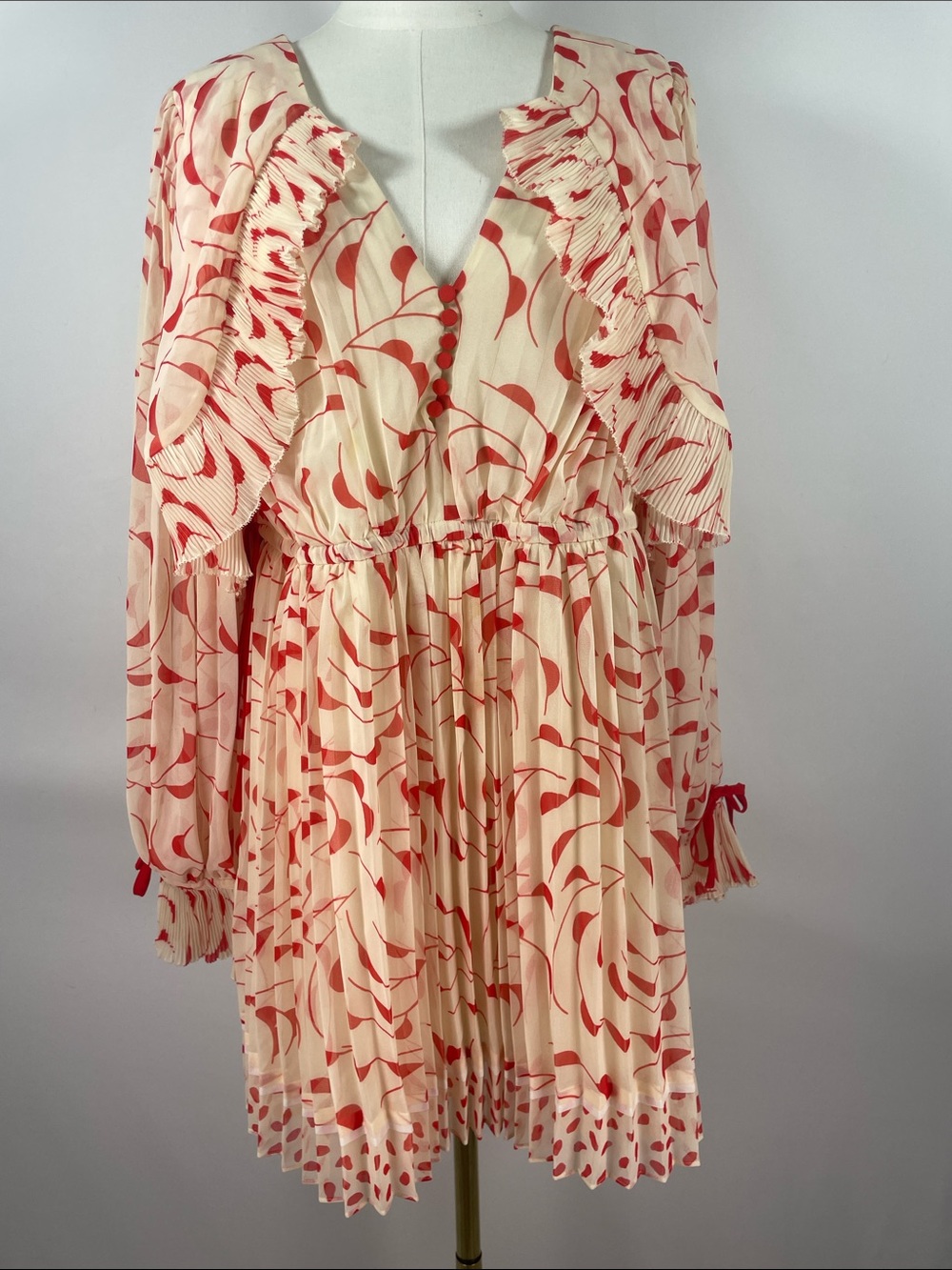 Self-Portrait Crescent Print Chiffon Pleated Cape Mini Dress Red Cream Size 2
